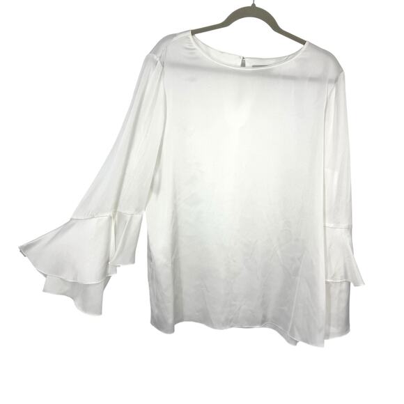 Tahari Satin Bell Sleeve Top size XL Solid White Round neck Pullover - Picture 1 of 8